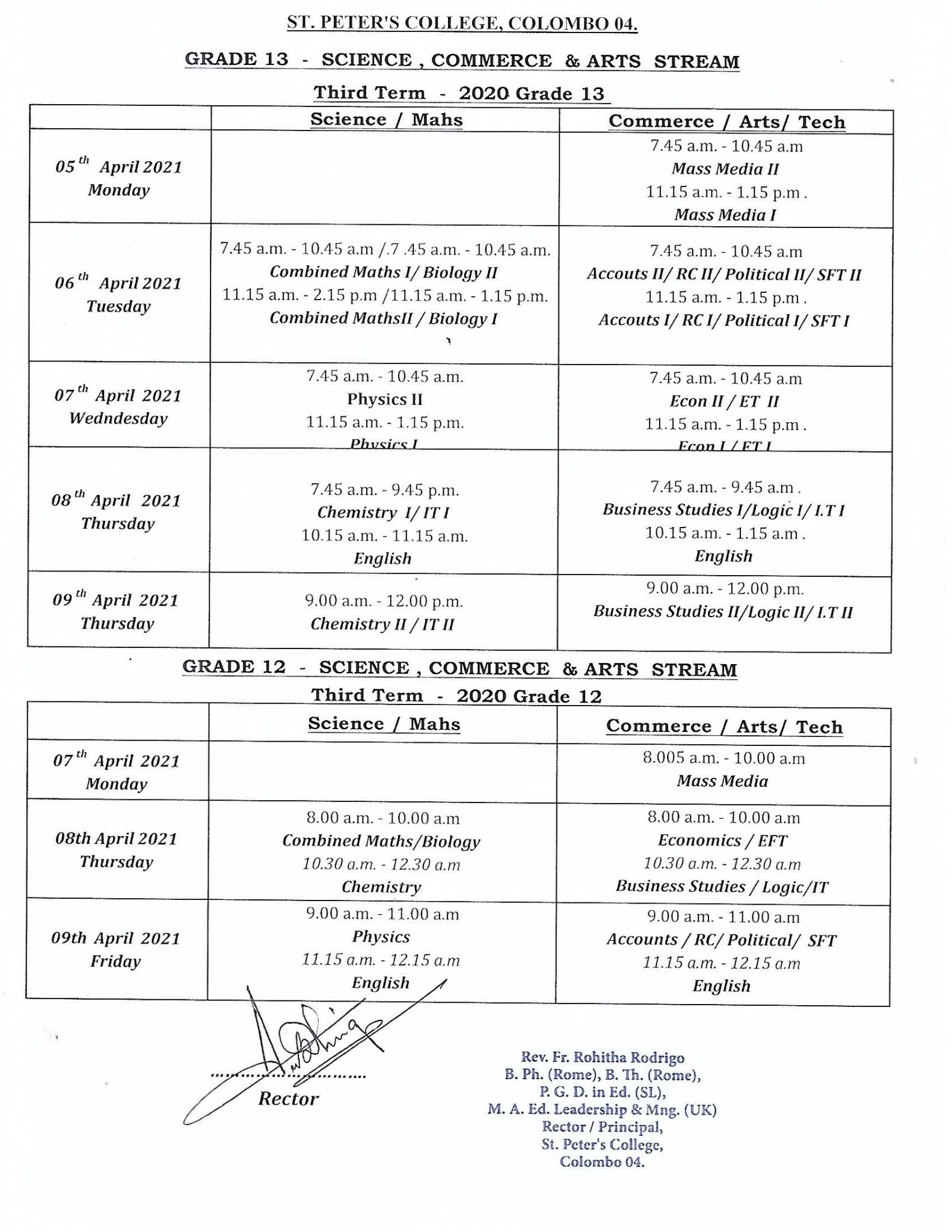 Exam Time Table 3rd Term For Grade 12 13 St Peter s College